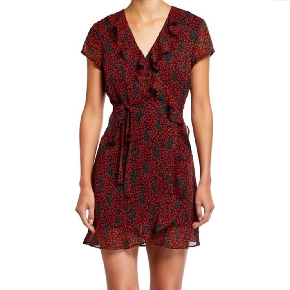 Bardot Faux Wrap Mini Dress Cherry Red Black